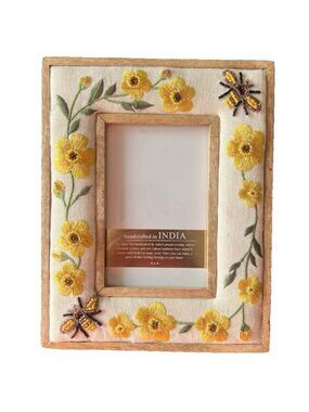 Bumble Bee Photo Frame 4 x 6 Embroidered Beaded Wooden Handcrafted Yellow Floral